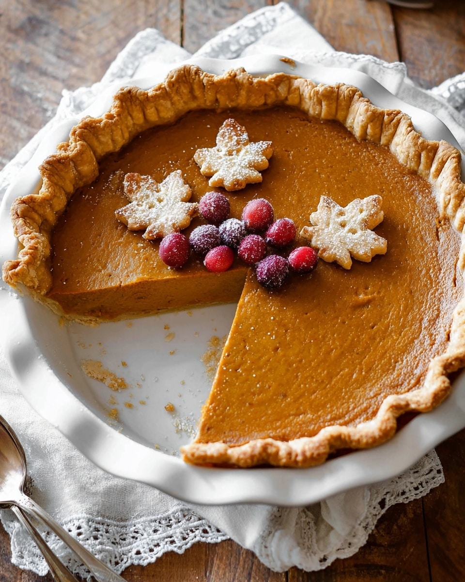 A white pie dish holds a smooth orange-brown pumpkin pie with a single slice removed, showing the thick filling and golden-brown crust. The crust edges are crimped and slightly darker, framing the pie. On top, small decorative pie crust shapes resembling leaves sit near the center, along with a few bright red cranberries dusted lightly with sugar. The pie dish rests on a wooden surface with a white cloth with lace trim nearby. A spoon is placed on the bottom left side of the image. Photo taken with an iphone --ar 4:5 --v 7