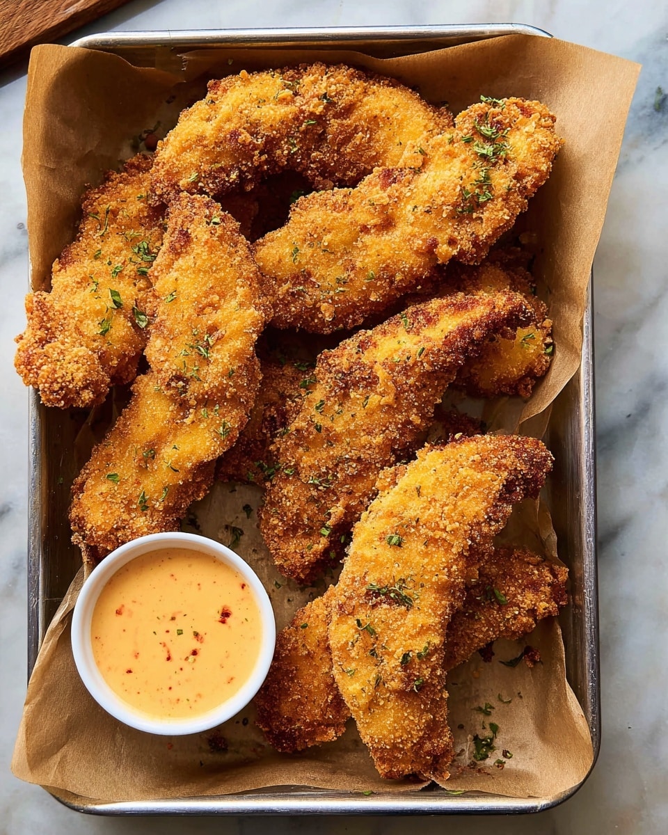 A metal tray lined with light brown paper holds seven pieces of golden brown fried chicken tenders, each with a crispy, coarse breading texture. The tenders are stacked and scattered closely, showing their crunchy surface with small green herb sprinkles on top. In the bottom left corner of the tray, a small white round cup contains a light orange, creamy dipping sauce with visible small red and yellow specks. The tray is placed on a white marbled surface. photo taken with an iphone --ar 4:5 --v 7