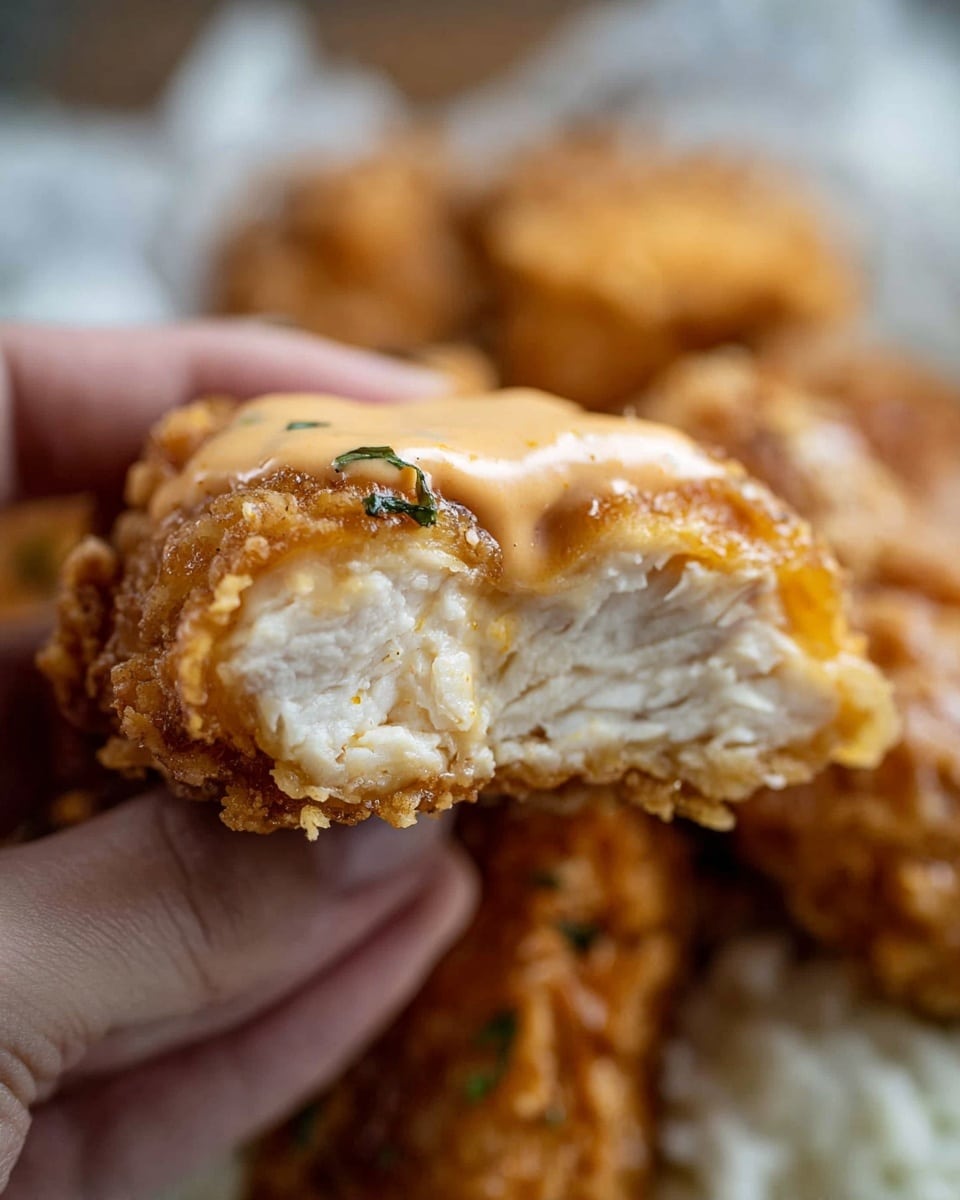 A close-up view of a piece of fried chicken held by a woman's hand showing one layer of golden-brown crispy breading outside and a thick layer of white, moist cooked chicken inside. The chicken piece is partially covered with a light orange sauce that looks creamy and smooth with small green herb bits on the surface. In the blurry background, there is a white marbled texture underneath more fried chicken pieces and a plain white portion that may be rice or mashed potatoes. Photo taken with an iphone --ar 4:5 --v 7