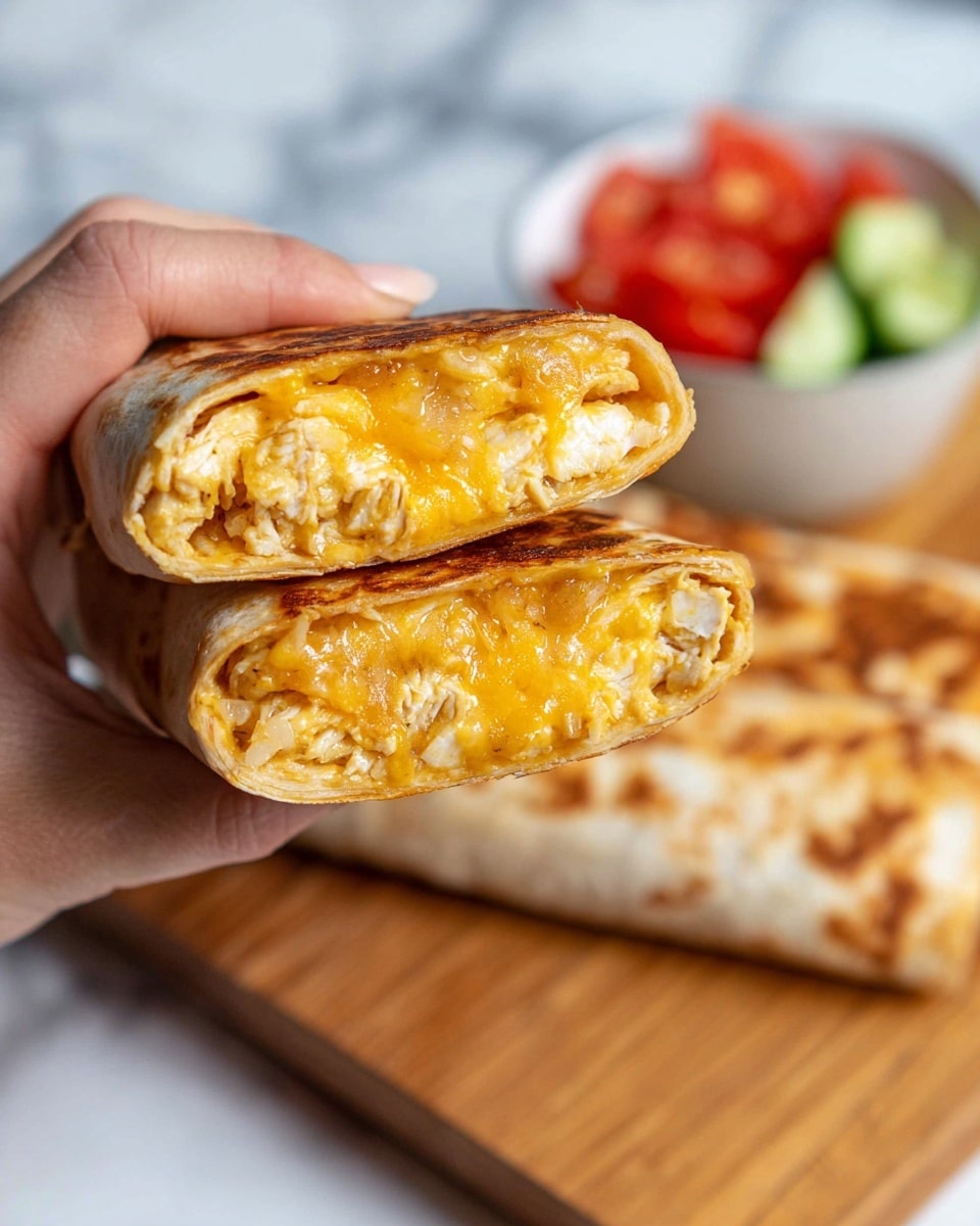 A woman's hand is holding two halves of a toasted wrap showing three visible layers inside: a shiny, melted orange-yellow cheese layer on top, a middle layer of shredded white chicken mixed with melted cheese, and a bottom layer of golden, crispy toasted wrap. The wrap halves have a light brown, slightly charred texture on the edges. In the background on a wooden surface, there are more whole wraps with a similar toasted texture and a white bowl with diced red tomatoes and green cucumbers blurred out on a white marbled surface. Photo taken with an iphone --ar 4:5 --v 7
