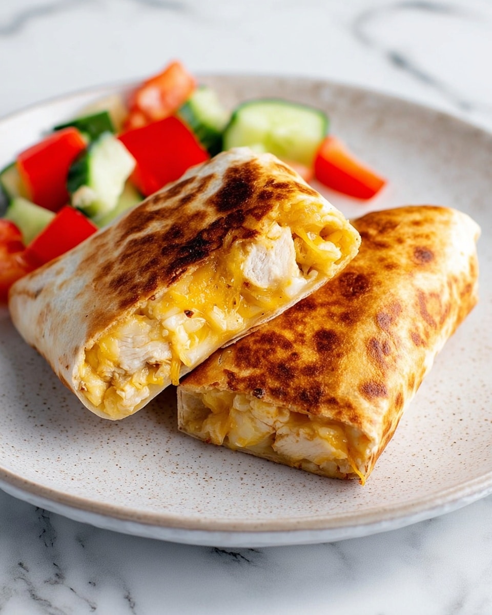 Two grilled wraps are placed on a white plate with a slightly speckled texture. The wraps have a golden brown and crisp outer layer with some darker spots from cooking. One wrap is cut in half and stacked over the other, showing the inside layers of melted yellow cheese and tender white chicken pieces. On the side, there is a small salad made of bright red bell pepper chunks and green cucumber pieces mixed with some light green onion slices. The plate is set on a white marbled surface. photo taken with an iphone --ar 4:5 --v 7