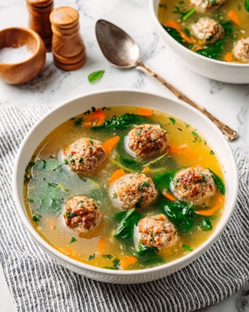 A white bowl filled with clear broth soup containing six round brown meatballs evenly floating on the surface. Thin strips of orange carrot and small green leafy spinach pieces are visible, scattered around the meatballs in the golden liquid. The soup has a light, smooth texture with a few small bits of herbs. The bowl sits on a white and gray striped cloth over a white marbled surface. In the background, there is a blurred white bowl with more soup and some wooden salt and pepper grinders. A woman's hand holds a spoon above the bowl. photo taken with an iphone --ar 4:5 --v 7