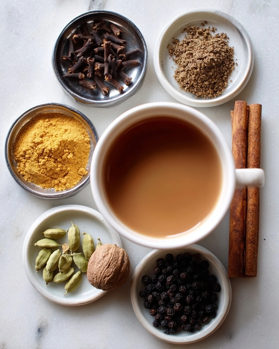 A white cup filled with light brown tea is in the center, surrounded by five small white plates arranged in a circle on a white marbled surface. The top plate holds dark brown cloves, the right plate has a crumbly yellow powder, the bottom right plate contains a long cinnamon stick resting partly on a dry brown nut, the bottom plate is filled with whole black peppercorns, and the bottom left plate has peeled light green cardamom pods. The colors contrast well, with the light tea in the center and the darker spices around it, all on the clean white marble background. Photo taken with an iphone --ar 4:5 --v 7