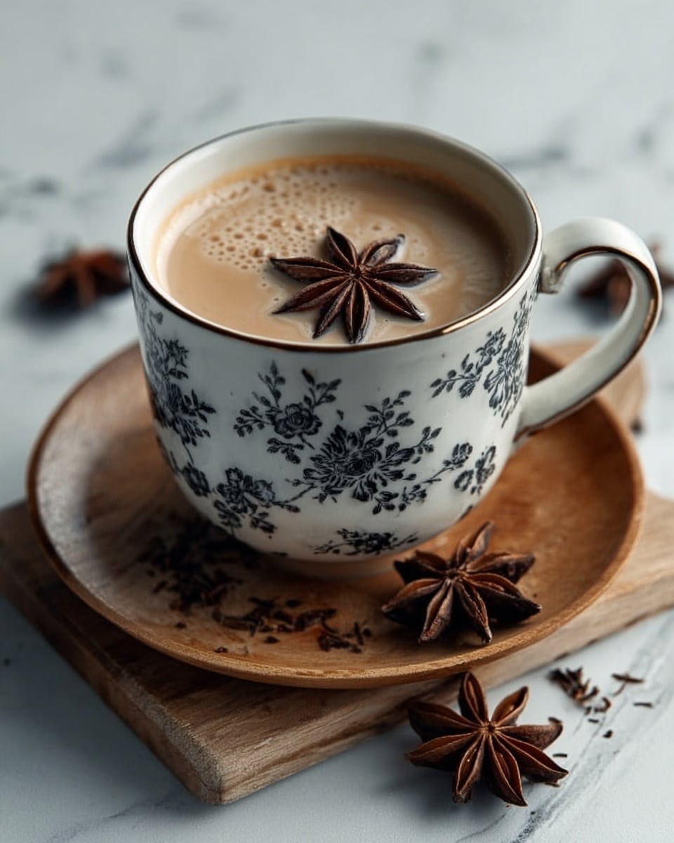 The image shows a white cup with black floral designs, filled with a creamy light brown drink, topped with a single star anise floating in the center. The cup sits on a wooden saucer which holds three more star anise pieces scattered around. The background is a soft, white marbled surface. Photo taken with an iphone --ar 4:5 --v 7