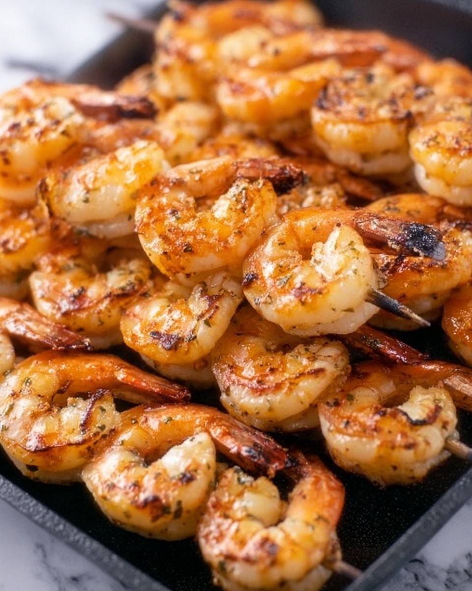 The image shows a close-up of many skewers with grilled shrimp stacked inside a black pan. The shrimp are orange with light grill marks and a slight char. They are arranged in overlapping layers, filling the entire pan and showing their curved shape and firm texture. The black pan contrasts with the bright shrimp, and the background is a white marbled texture. Photo taken with an iphone --ar 4:5 --v 7