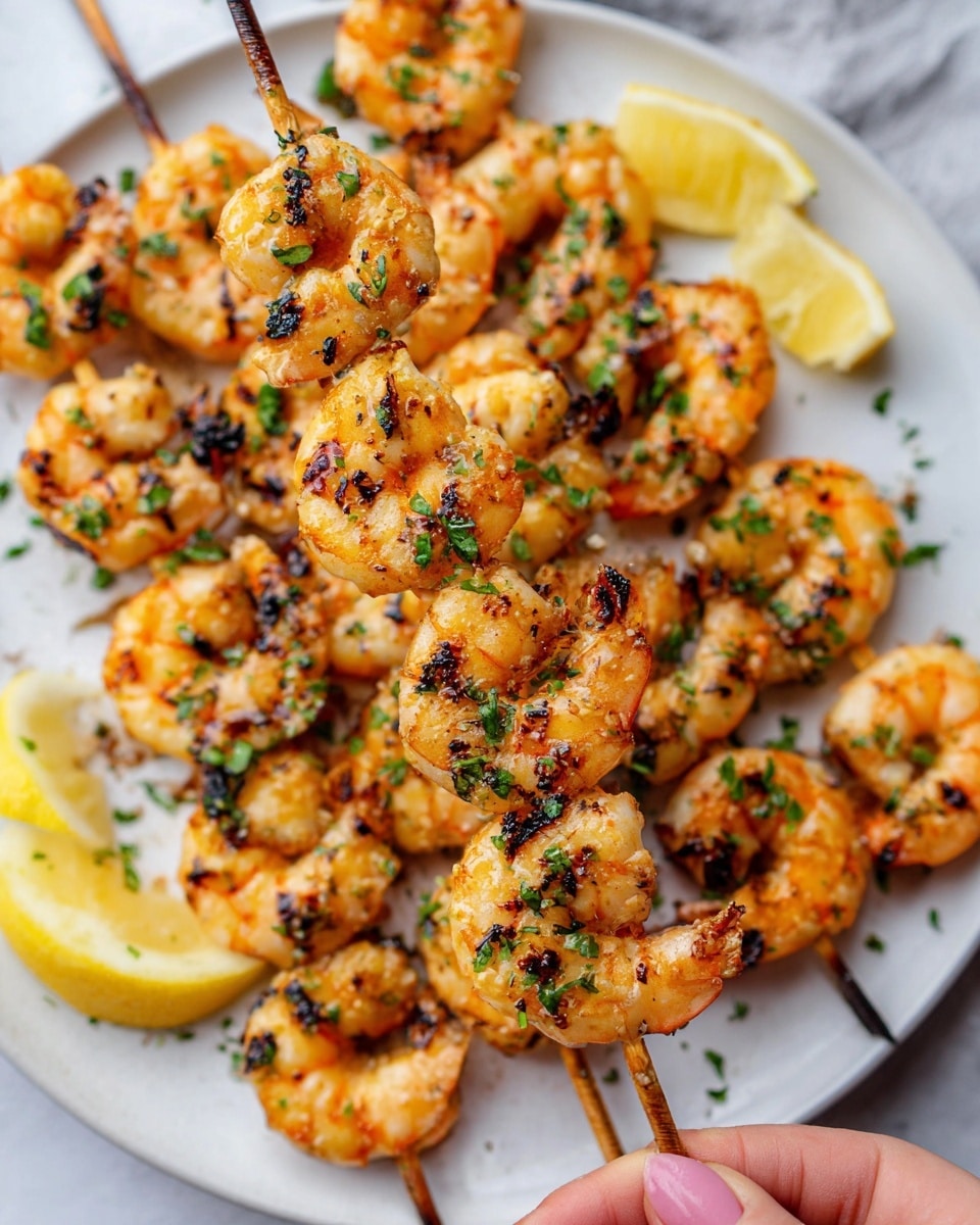 The image shows multiple skewers of grilled shrimp, each skewer holding about five shrimp. The shrimp are orange with charred black grill marks and sprinkled with chopped green herbs on top. The skewers rest on a white plate with a white marbled texture underneath, scattered with more grilled shrimp. To the side of the plate are two yellow lemon wedges. A woman's hand is holding one skewer close to the camera, showing the details and texture of the shrimp clearly. Photo taken with an iphone --ar 4:5 --v 7