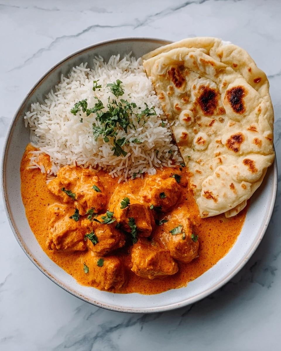 A white plate on a white marbled surface holds a colorful dish with three parts: in the bottom left, there are several pieces of chicken covered in bright orange creamy sauce with small green garnish on top; next to it on the right is a folded piece of soft flatbread with brown spots; at the top left, there is a small pile of white rice sprinkled lightly with fresh green herbs. The elements fill the plate evenly with rich, warm colors and soft textures. photo taken with an iphone --ar 4:5 --v 7