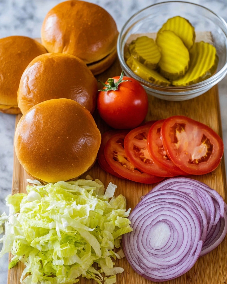 The image shows four shiny, soft brown sandwich buns clustered on a white marbled surface. In front of the buns, layers of fresh ingredients are arranged in separate groups: shredded light green lettuce on the left, a whole red tomato with a green stem in the center, several slices of red tomato next to it showing the juicy interior, a clear glass bowl filled with bright yellow-green pickle slices on the upper right, and three round slices of purple-red onion with visible rings at the bottom right. The entire scene is set on a wooden board background replaced by a white marbled texture. Photo taken with an iphone --ar 4:5 --v 7