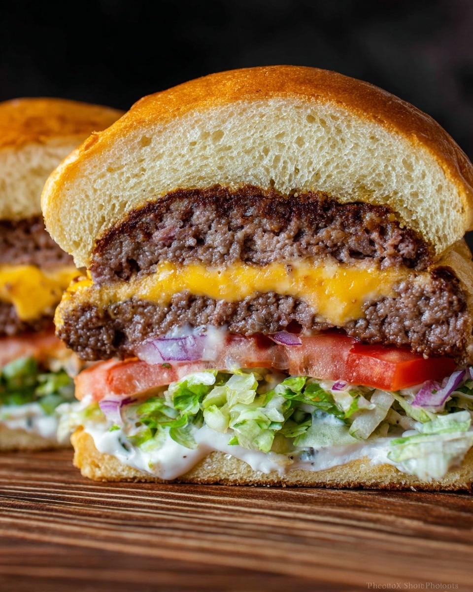 A close-up of a burger sliced in half, showing five layers from top to bottom: a soft golden brown bun with a light, airy texture; a thick, browned cooked beef patty with melted yellow cheddar cheese inside; thin slices of purple onion; bright red tomato slices; shredded green lettuce with white mayo spread on the bottom golden brown bun. The burger is on a wooden surface with a dark blurred background. Photo taken with an iphone --ar 4:5 --v 7