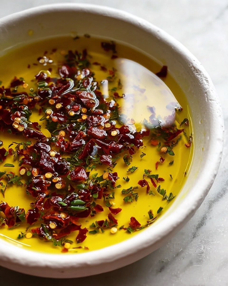 A close-up of a white bowl filled with a golden yellow oil base, layered with small pieces of dark red dried chili flakes scattered evenly on the surface. Tiny green herb bits are mixed with the chili flakes, adding contrast to the oil. The bowl sits on a white marbled surface, with a soft reflection of light on the oil, giving a glossy look. The rough texture of the bowl’s edge is visible, enhancing the rustic feel of the dish. photo taken with an iphone --ar 4:5 --v 7