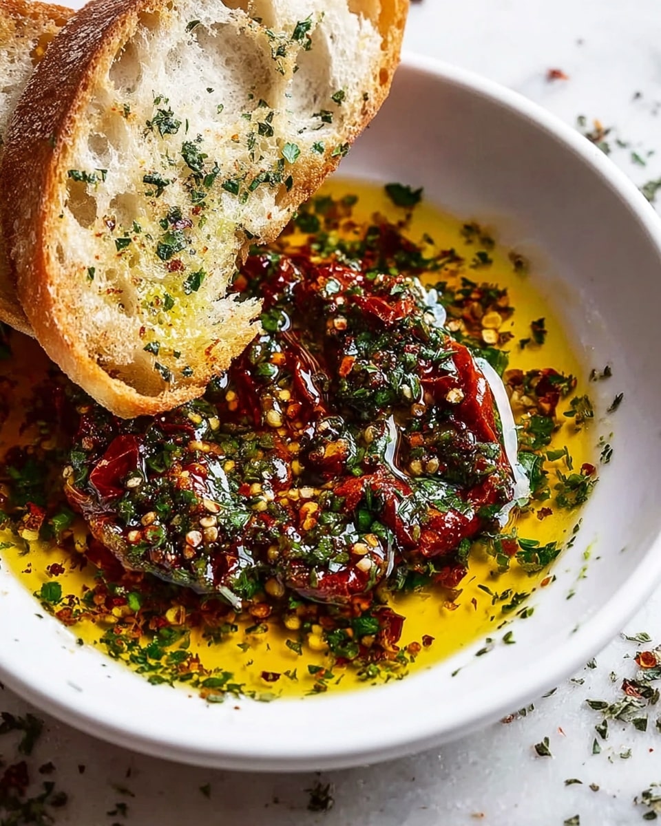 A white plate filled with a mixture of golden olive oil, finely chopped green herbs, and small pieces of sun-dried red tomatoes. On top of the mixture, there are two pieces of toasted bread with a light brown crust and a soft, airy inside, one piece is slightly dipped into the oil and herb mix, absorbing the flavors. The plate rests on a white marbled surface with some scattered herbs around it. photo taken with an iphone --ar 4:5 --v 7