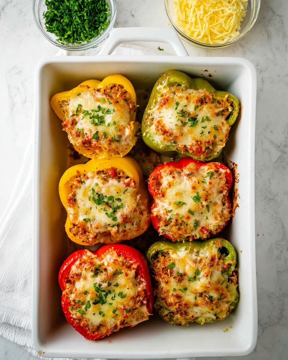 In a white ceramic baking dish, six stuffed bell pepper halves are arranged in two rows of three. The peppers are green, yellow, and red, each cut in half and filled with a mix of cooked ingredients including rice, vegetables, and herbs. Each filled pepper half is topped with melted and lightly browned cheese, giving a slightly crispy texture. Small bits of green herb garnish are sprinkled on top. The baking dish is placed on a white marbled surface, with a small glass bowl of chopped green herbs and a yellow bowl of shredded cheese visible in the background. Photo taken with an iphone --ar 4:5 --v 7