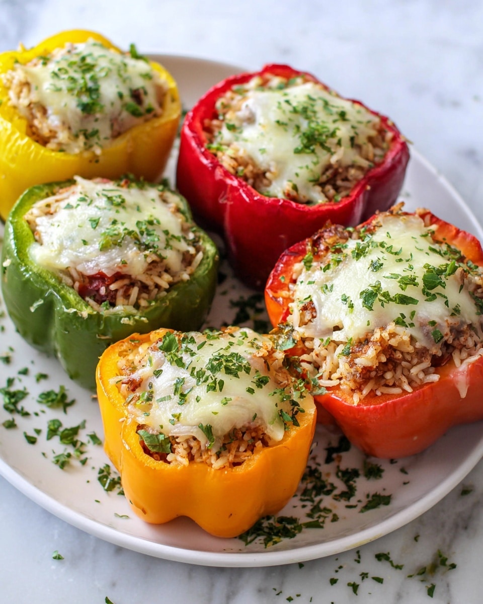 The image shows five stuffed bell peppers on a white plate over a white marbled surface. Each pepper is halved and hollowed out, with colorful skins in green, red, and orange. The filling inside has three layers: a base of rice mixed with small bits of vegetables, a melted white cheese layer on top with a soft, slightly browned texture, and sprinkled green herbs evenly distributed over the cheese and scattered around the plate. The peppers are placed close together, filling most of the plate and giving a fresh, vibrant look. Photo taken with an iphone --ar 4:5 --v 7