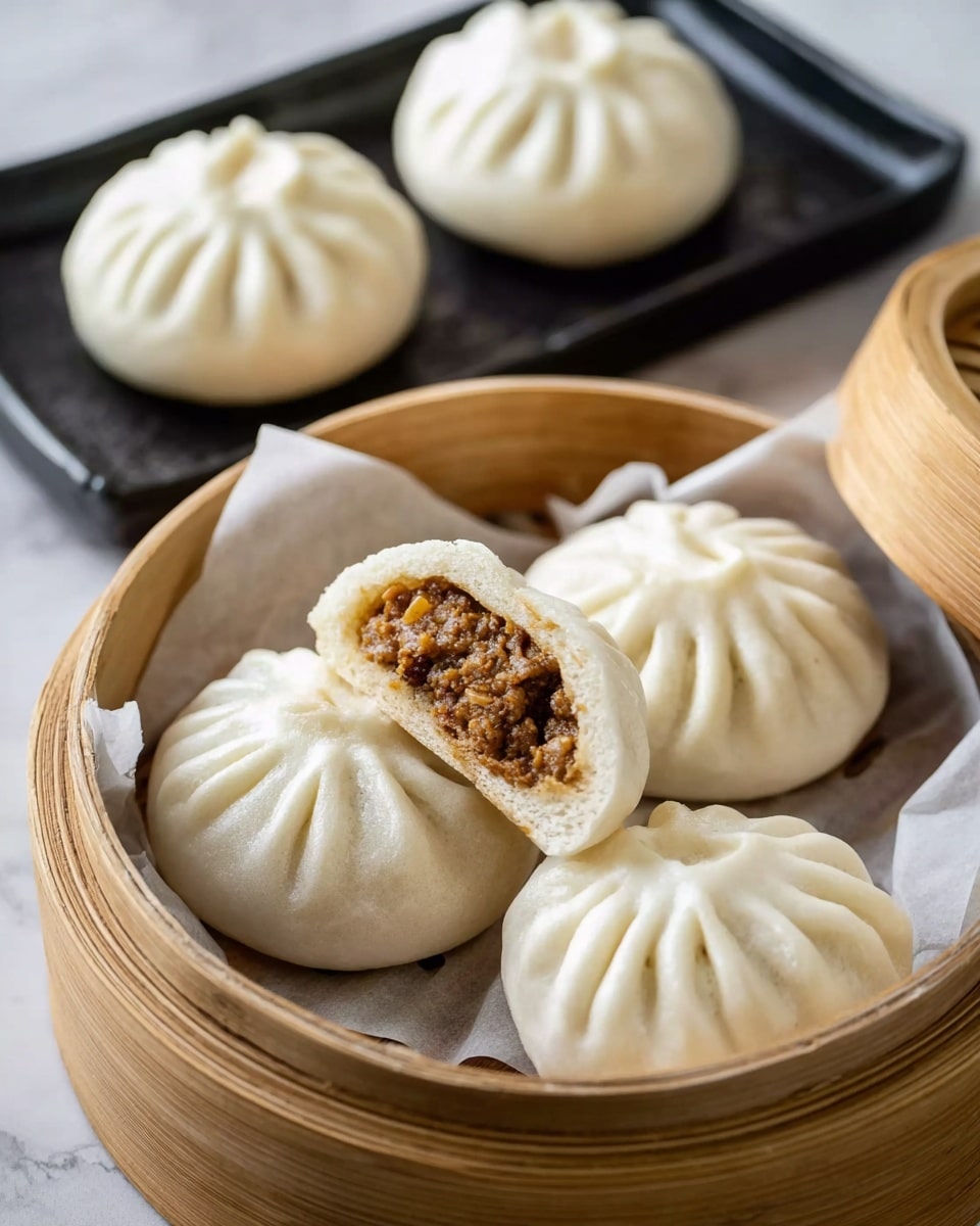 Four white steamed buns are shown inside a round bamboo steamer lined with white paper; three buns are whole with pleated tops and smooth, soft white dough, while one bun is open, showing a brown, chunky filling inside. In the background, a black rectangular tray on a white marbled surface holds two more whole white steamed buns, slightly blurred. The photo is taken with an iphone --ar 4:5 --v 7