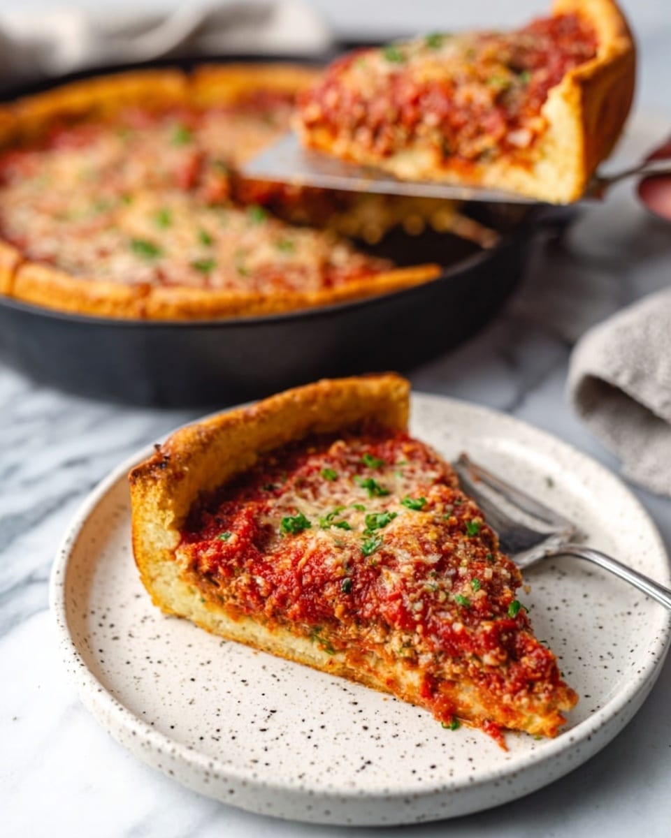 A thick deep-dish pizza slice with a golden brown crust sits on a small white plate with a few black specks, placed on a white marbled surface. The pizza has a thick layer of red tomato sauce topped with evenly spread, melted light beige cheese with a slightly crumbly texture. In the background, the pizza pan holds the remaining deep-dish pizza, showing a similar thick crust and a generous layer of cheese and tomato sauce inside the pan. The scene is softly lit, highlighting the textures and colors clearly. photo taken with an iphone --ar 4:5 --v 7