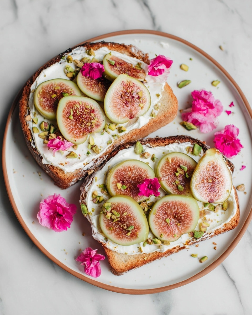 The image shows two slices of toasted bread on a white round plate with a brown rim, placed on a white marbled surface. Each bread slice has a thick layer of white creamy spread, topped with several slices of fresh figs, which are light green on the outside and pinkish-red inside with visible seeds. Small pieces of chopped green pistachios are sprinkled over the fig slices. There are bright pink and light pink edible flowers placed around and on top of the toast, adding a colorful touch. The lighting is bright and natural, highlighting the textures of the figs, cream, and bread. photo taken with an iphone --ar 4:5 --v 7