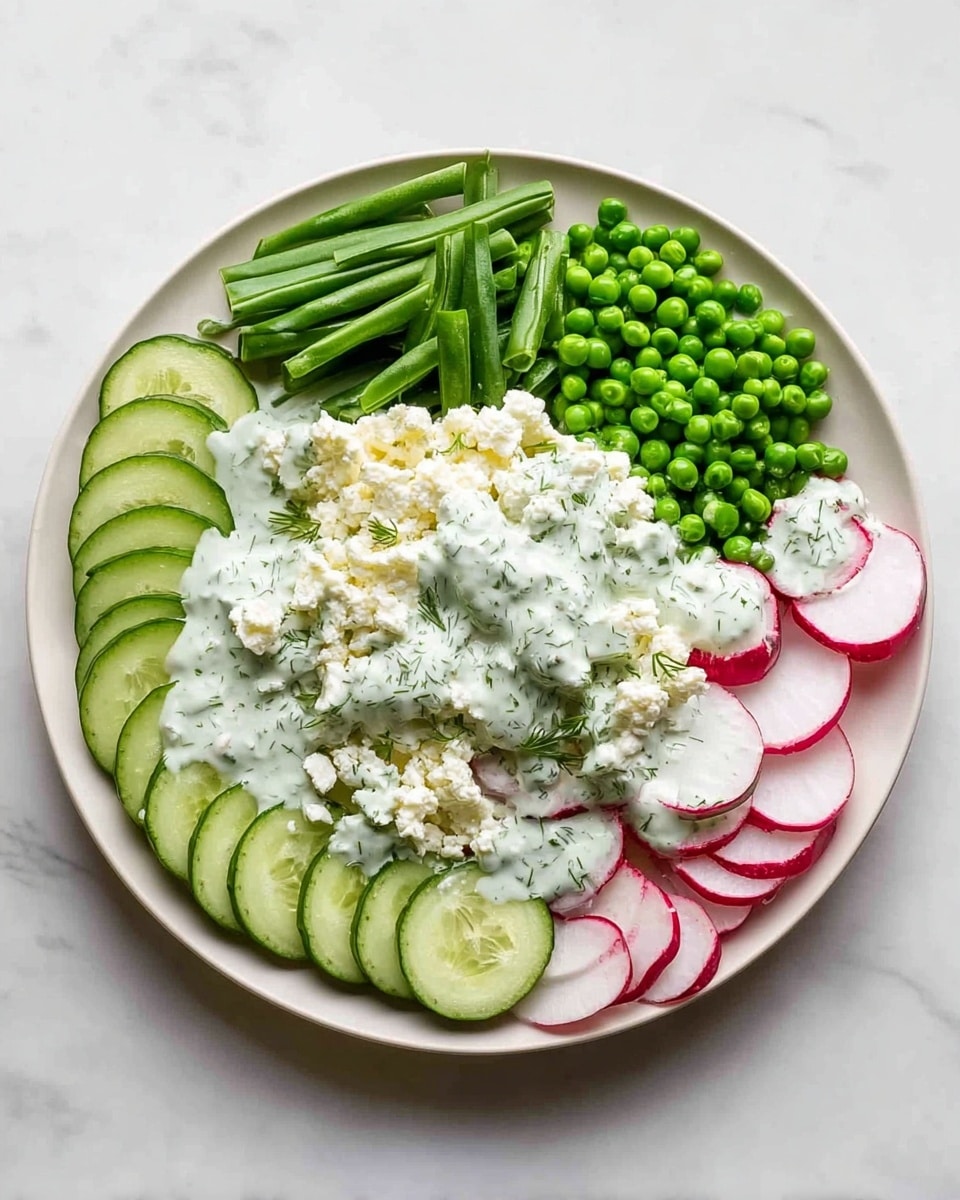 A white round plate holds a fresh vegetable salad arranged in separate sections. At the bottom left, there are several rows of thinly sliced cucumber rounds showing light green skins and pale centers. Above the cucumber, there are sliced sugar snap peas cut into small pieces stacked in a small pile. Next to the sugar snap peas, bright green peas are grouped tightly together. At the bottom right, thinly sliced radish pieces with white centers and red edges are layered neatly. In the center of the plate, there is a mound of crumbly white cheese. The entire dish is lightly drizzled with a creamy white herb dressing that has visible small green leaves. This all sits on a white marbled surface. Photo taken with an iphone --ar 4:5 --v 7