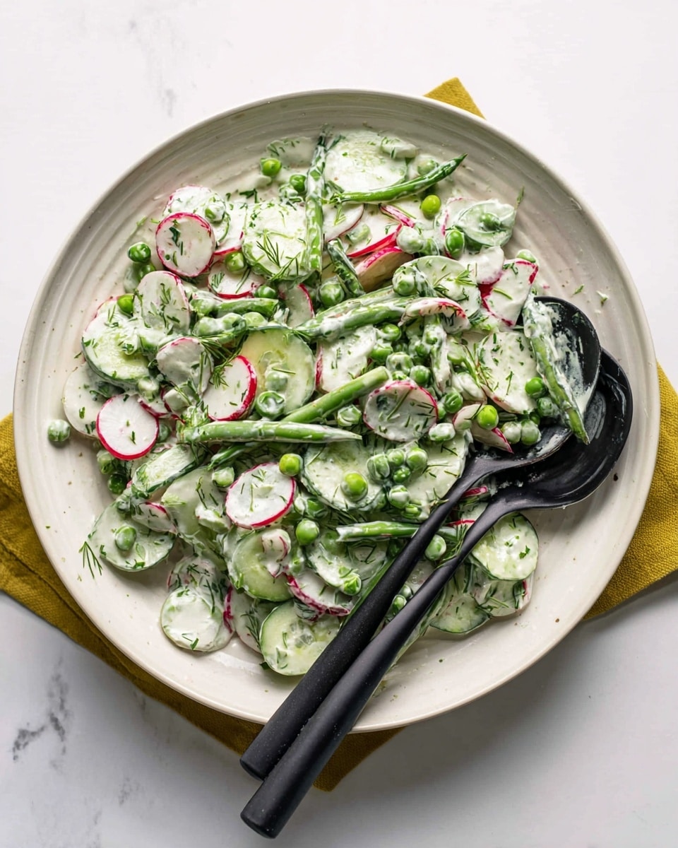 The image shows a white round plate with a fresh salad made of thinly sliced cucumbers, radishes, and snap peas mixed with small green peas, all coated in a creamy white dressing speckled with green herbs. The colors are mainly light and fresh green tones with pops of red from the radish edges. Two black spoons rest on the plate, partially buried in the salad, and the plate sits on a white marbled surface with a hint of a yellow cloth visible underneath. photo taken with an iphone --ar 4:5 --v 7