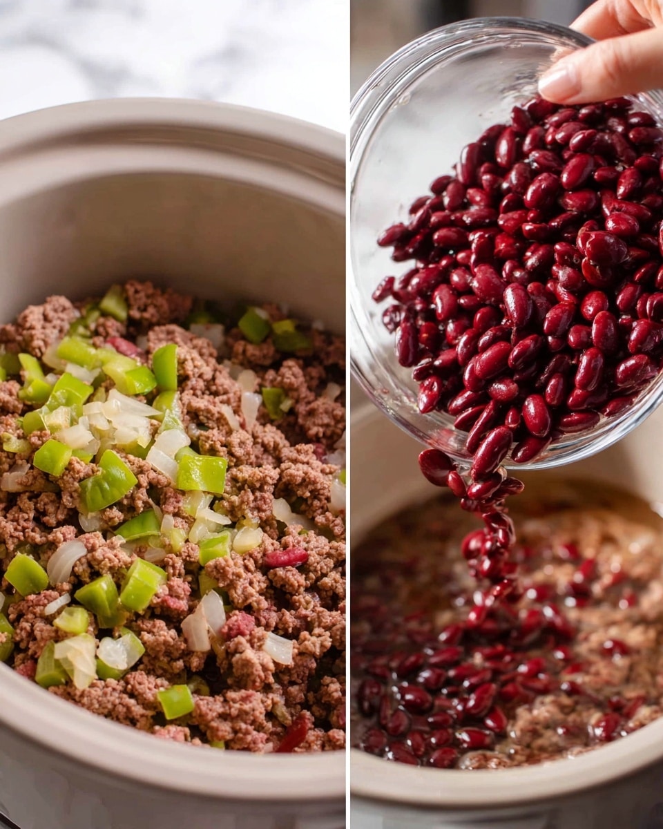 The first image shows a close-up of cooked ground meat mixed with small diced green bell peppers and white onions in a shallow pan, with the ingredients looking soft and slightly browned. The second image shows a woman’s hand holding a clear glass bowl with dark red kidney beans, pouring them into a white slow cooker that already has the cooked meat mixture at the bottom. The background has a clean white marbled texture. photo taken with an iphone --ar 4:5 --v 7