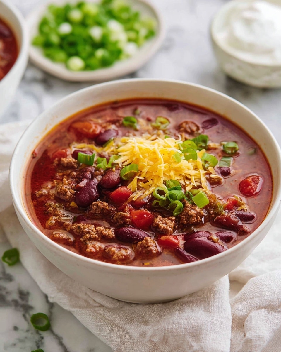 A bowl filled with thick red chili soup shows layers of chunky dark red kidney beans, brown cooked ground meat, and pieces of red tomatoes all mixed in a rich red broth. On top, there is a small pile of fine yellow shredded cheese and chopped green onions scattered around. The bowl is white, placed on a white marbled surface with a white cloth under the bowl. In the background, a white plate holds more finely chopped green onions and a dollop of creamy white sour cream. Photo taken with an iphone --ar 4:5 --v 7