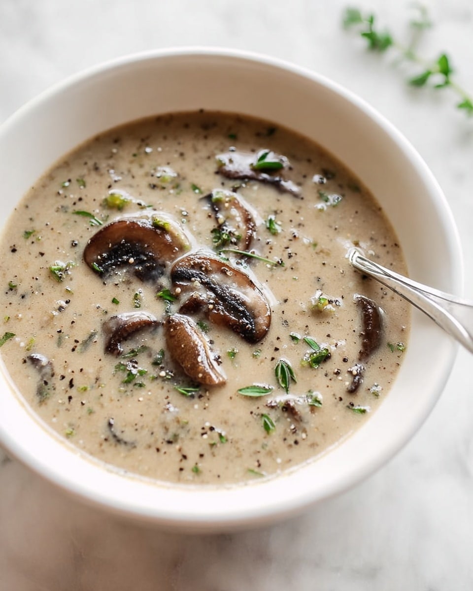 A bowl filled with thick mushroom soup showing slices of dark brown mushrooms and small green herb pieces floating on the creamy light beige base. The soup has a smooth texture with some visible bits of black pepper and herbs evenly spread. The bowl is white and sits on a white marbled surface. A spoon is partially visible on the right side inside the bowl. Small green herb leaves are scattered softly out of focus in the background. photo taken with an iphone --ar 4:5 --v 7