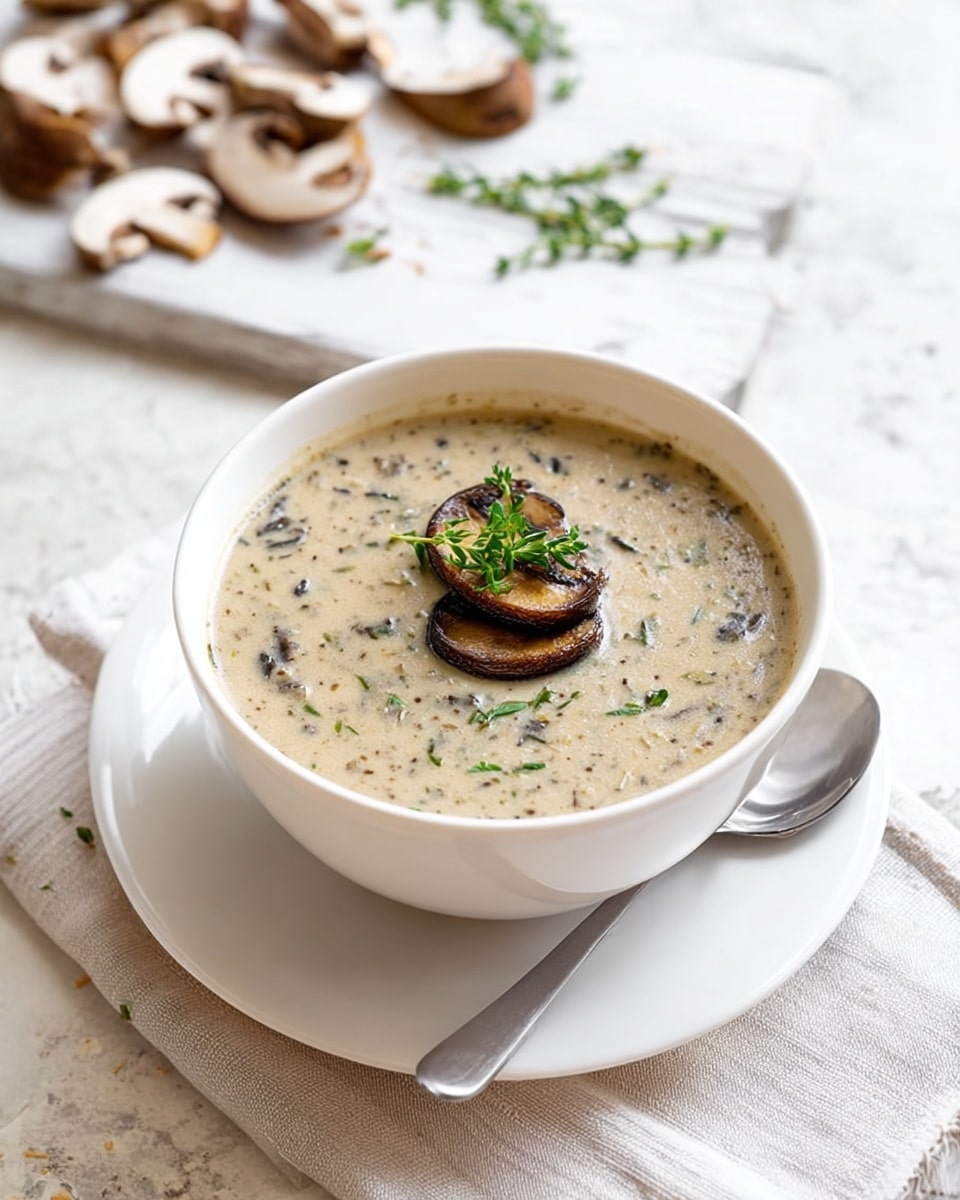 A white bowl filled with creamy mushroom soup showing small dark mushroom pieces spread evenly in the pale beige broth; in the center, a few cooked mushroom slices are stacked and topped with fresh green herb sprigs, placed on a white plate with a metal spoon resting beside it. The bowl sits on a light cloth over a white marbled surface, and in the background, out of focus, there is a white wooden board with sliced raw mushrooms and green herbs scattered around. Photo taken with an iphone --ar 4:5 --v 7