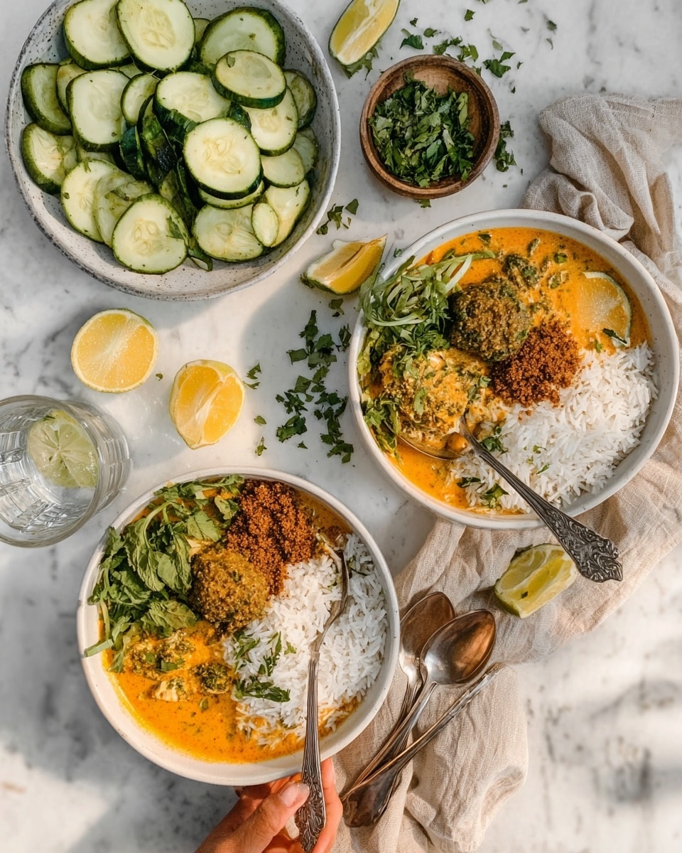 The image shows two white bowls filled with a colorful meal placed on a white marbled surface. Each bowl has three layers: white rice on one side, a bright orange sauce with green herbs on the other side, and a small portion of brown, crumbly topping near the center. Above the bowls, there is a larger white bowl filled with sliced green vegetables, possibly zucchini or cucumber. Lemon wedges and chopped green herbs are scattered around the bowls on the surface. A beige cloth napkin with a spoon and fork rests to the right side. A woman's hand is holding a spoon in one of the bowls. The lighting is soft and natural, showing the fresh and vibrant colors of the food. photo taken with an iphone --ar 4:5 --v 7