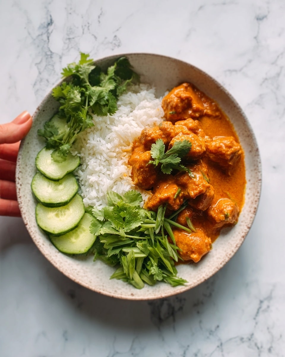 A white bowl on a white marbled surface holds a dish with three main layers. On one side, there is steamed white rice with a soft, fluffy texture. Next to the rice are green cucumber slices and fresh cilantro leaves, adding a bright green color and fresh look. The largest section of the bowl contains pieces of chicken in thick orange sauce, with a smooth texture and bits of herbs on top. A woman's hand places a small cilantro leaf on the chicken, adding a fresh final touch. Photo taken with an iphone --ar 4:5 --v 7