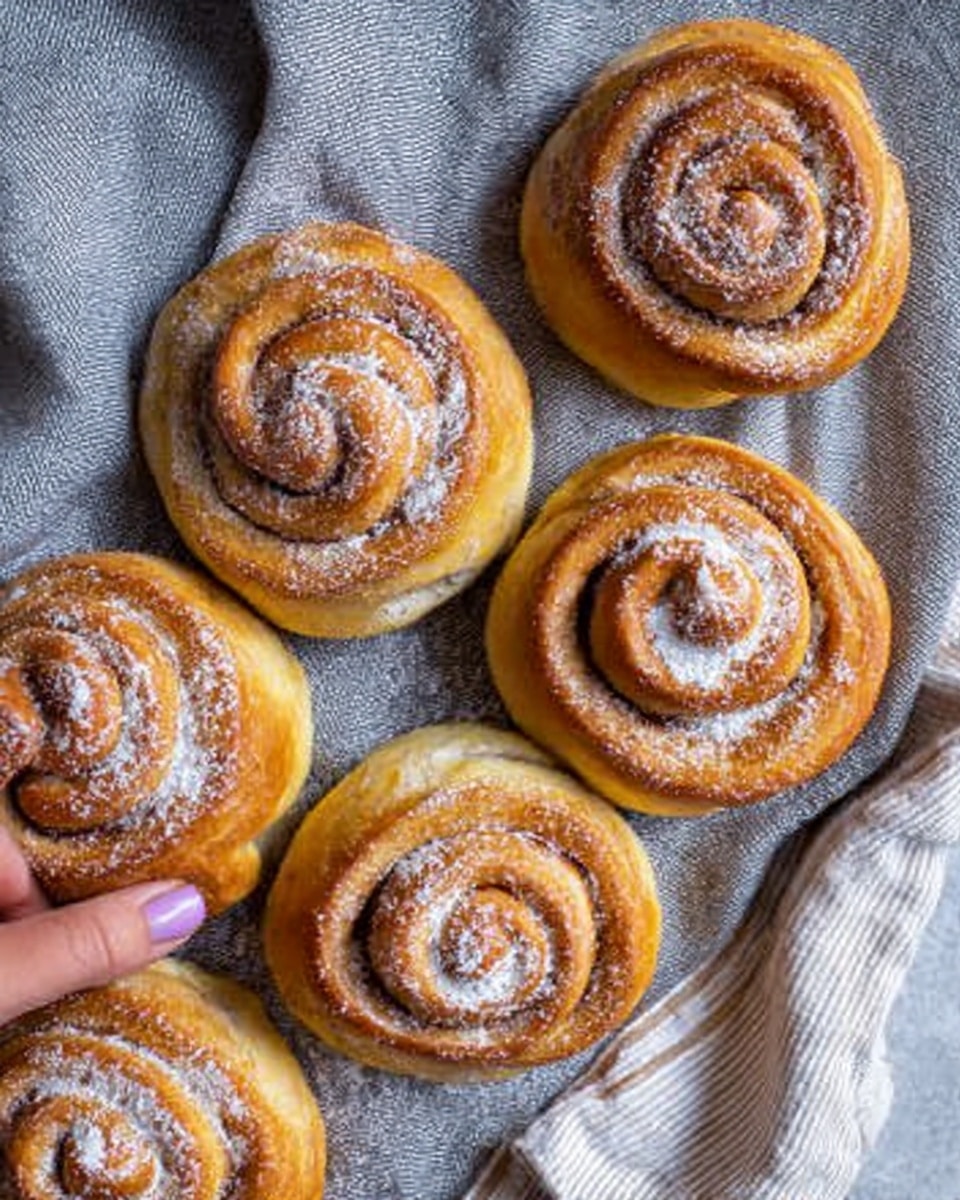The image shows six golden brown cinnamon rolls arranged loosely on a grey cloth surface with a soft texture, and a white marbled background beneath. Each roll is spiral-shaped with visible swirls of cinnamon filling and a lightly dusted layer of powdered sugar on top, giving a gentle white contrast to the warm brown dough. The rolls have a shiny, slightly sticky glaze that reflects light, making them look fresh and soft. A woman's hand with a light purple nail polish is about to pick one cinnamon roll from the bottom right corner near a cream and white striped cloth. Photo taken with an iphone --ar 4:5 --v 7