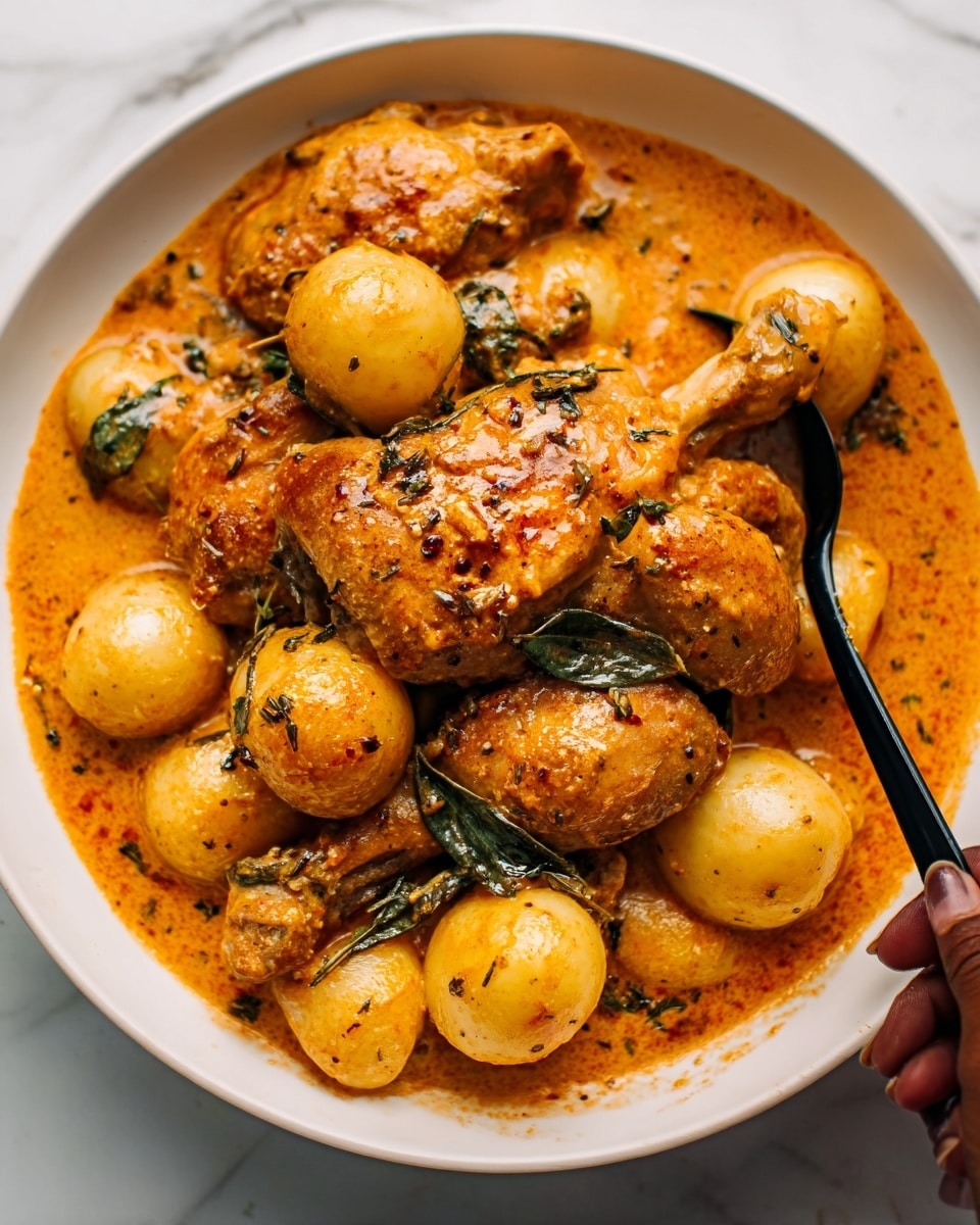 A white bowl filled with a creamy orange sauce containing several pieces of cooked chicken drumsticks and thighs, along with small round white potatoes. The sauce has a smooth texture with visible herbs and spices, and pieces of cooked spinach or dark leafy greens are scattered throughout. A woman's hand is holding a spoon dipping into the rich, saucy chicken. The background is a white marbled surface. photo taken with an iphone --ar 4:5 --v 7