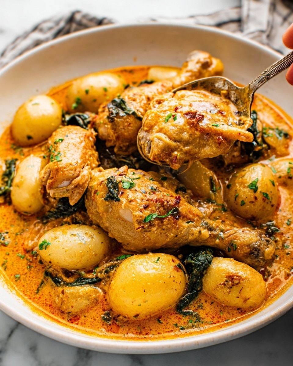 A white bowl filled with a rich orange creamy sauce, with several golden-brown cooked chicken pieces and small round potatoes spread throughout. The sauce looks thick and speckled with herbs and spices. There are green leafy herbs mixed into the sauce, adding a touch of color. A woman's hand is holding a black spoon immersed in the bowl. The bowl is placed on a white marbled surface. Photo taken with an iphone --ar 4:5 --v 7