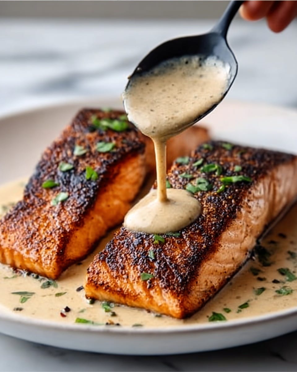 Two pieces of grilled salmon with a crispy, dark brown crust sit side by side on a white plate. A creamy, light beige sauce is being poured over them from a black spoon held by a woman's hand above. Small green herbs are sprinkled on and around the fish, adding a fresh touch. The background and surface are a white marble texture. Photo taken with an iphone --ar 4:5 --v 7