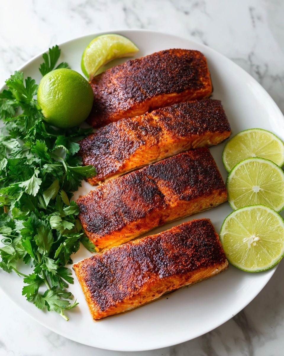 Four pieces of cooked salmon with a dark, spicy crust are arranged in two vertical rows on a white plate. The salmon has a rich orange color under the crispy, slightly charred spice layer, and it shines with a light glaze of oil. To the left of the plate, bright green leafy parsley creates a fresh contrast, alongside a whole lime with a shiny green peel. On the right side, three lime wedges with juicy pale green pulp are placed evenly near the edge of the plate. The plate sits on a white marbled surface, adding a clean and fresh look to the presentation. photo taken with an iphone --ar 4:5 --v 7