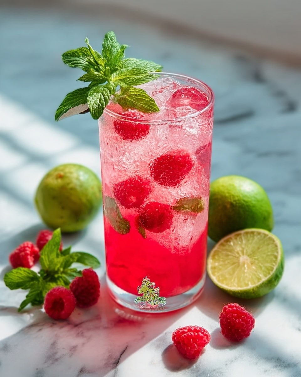 A tall clear glass filled with a bright pink drink with whole raspberries and ice cubes inside, garnished with a small bunch of fresh green mint leaves and a lime slice on the rim, placed on a white marbled surface with some whole raspberries, halved limes, and fresh mint leaves scattered around. Soft natural light shines from the right side, creating gentle shadows. Photo taken with an iphone --ar 4:5 --v 7