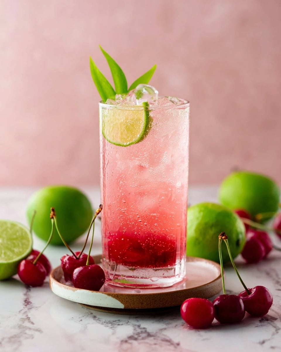 A tall clear glass filled with a two-layer pink and light pink drink with ice cubes visible inside. The bottom layer is a deeper pink with a smooth look, while the top layer is lighter and bubbly. The glass is garnished with a round green lime slice on the rim and green leaves sticking out at the top. The glass sits on a small round white plate with a brown edge, placed on a white marbled surface. Around the glass are fresh whole and halved green limes and bright red cherries with stems. The background is a soft pink color. Photo taken with an iphone --ar 4:5 --v 7
