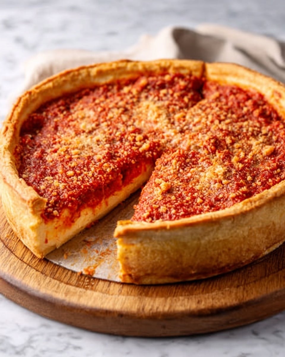 A thick deep-dish pizza sits on a round wooden board on a white marbled surface, showing a slice slightly pulled out from the whole. The pizza has a thick golden-brown crust with a soft, fluffy texture. The top layer is covered with rich red tomato sauce, sprinkled with a generous amount of crumbled light orange cheese, giving it a grainy texture. The colors contrast well with the crust’s warm tone and the wooden board beneath. photo taken with an iphone --ar 4:5 --v 7