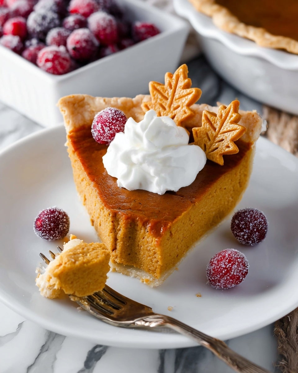 A slice of pumpkin pie sits on a white plate with a smooth white crust base and a dense, deep orange filling layer. On top of the pie is a dollop of white whipped cream in the center, with two small baked leaf-shaped decorations in golden brown placed near the back edge. Scattered around the slice are a few sugar-coated red cranberries adding color contrast. A fork rests beside the pie with a small piece of crust and filling on it. In the background, a white square dish filled with more sugar-coated cranberries is partly visible, all set on a white marbled surface photo taken with an iphone --ar 4:5 --v 7