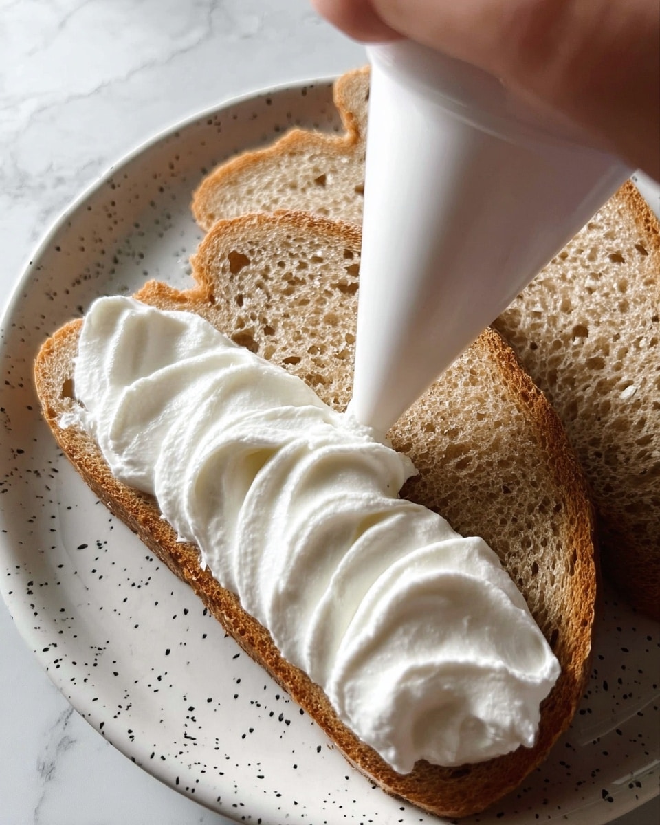 A close-up view of two slices of light brown bread with a soft, porous texture on a white plate with black specks, laying on a white marbled surface. One slice is partially covered with smooth white cream being spread in a zigzag pattern using a white piping bag held by a woman's hand, visibly pressing the bag to release the cream. The cream looks fluffy and thick, sitting on top of the bread, creating a soft, creamy layer over the rough surface of the bread. Photo taken with an iphone --ar 4:5 --v 7