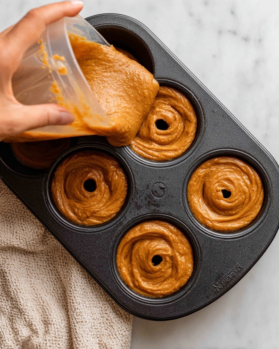 The image shows a close-up of a dark metal mini bundt cake pan with four visible cavities, each filled with a thick, orange-brown batter. The batter has a smooth, slightly textured surface with swirled patterns inside the cavities. A woman's hand is holding a clear piping bag filled with the same batter, gently squeezing it into the bottom left cavity, with the batter curling around the pan’s center ring. The pan is placed on a white marbled surface with a light-colored textured cloth partially visible in the bottom left corner. Photo taken with an iphone --ar 4:5 --v 7