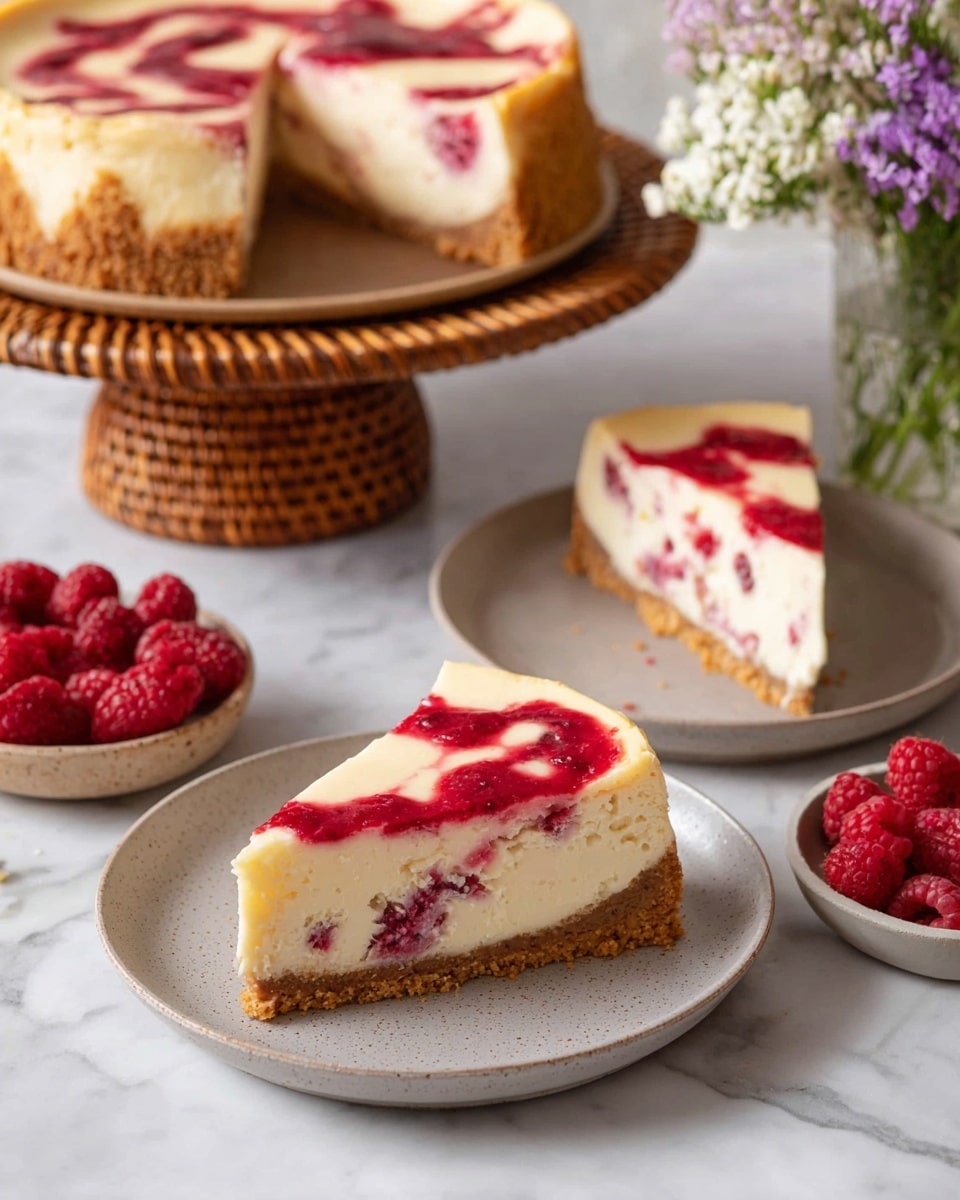 Scrummy Raspberry Cheesecake Raspberry Cheesecake with Raspberry Sauce Swirl - Decadent & Vibrant