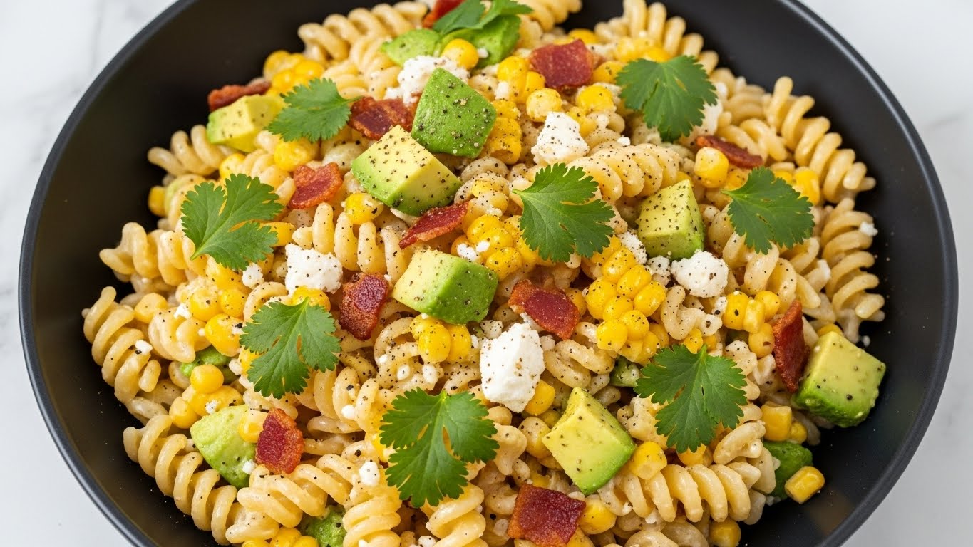 A bowl is filled with spiral pasta mixed with yellow corn kernels and bright green avocado chunks. Small pieces of red tomatoes and specks of white cheese are spread throughout. Fresh green cilantro leaves sit on top, along with a sprinkle of black pepper. The bowl itself is white with a dark speckled inside and sits on a white marbled surface. The colors are bright and the pasta looks creamy and well mixed photo taken with an iphone --ar 4:5 --v 7