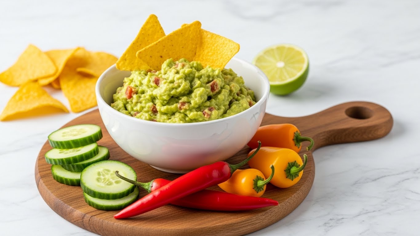 The image shows a white bowl filled with creamy green guacamole mixed with small red bits, topped with three yellow tortilla chips that slightly overlap each other. The bowl is placed on a wooden board with a round cutout handle on the right side. In front of the bowl, there are slices of light green cucumber stacked loosely, two bright red chili peppers, one small yellow pepper, and one small orange pepper arranged near the bowl. Behind the bowl, more tortilla chips and a halved lime can be seen. The entire scene is set on a white marbled surface. photo taken with an iphone --ar 4:5 --v 7