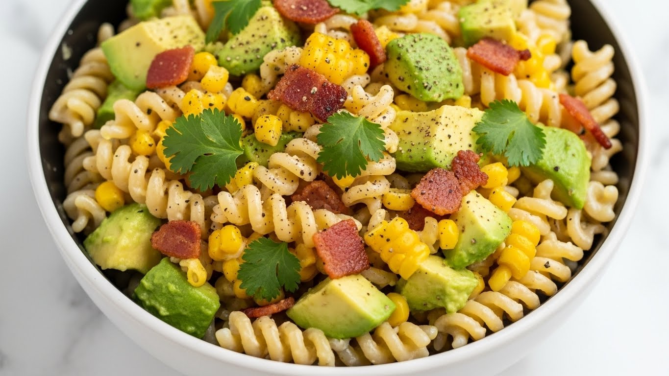 A close-up view of a bowl filled with creamy spiral pasta salad. The pasta is light yellow and coated in a creamy dressing. Mixed in are bright yellow corn kernels, chunks of light green avocado, small pieces of red bacon, and bits of fresh green cilantro scattered on top. The bowl is white with a dark inner surface that contrasts with the colorful salad, and it sits on a white marbled surface. The textures include smooth avocado, soft pasta, and crisp bacon, with a sprinkle of black pepper adding detail. photo taken with an iphone --ar 4:5 --v 7