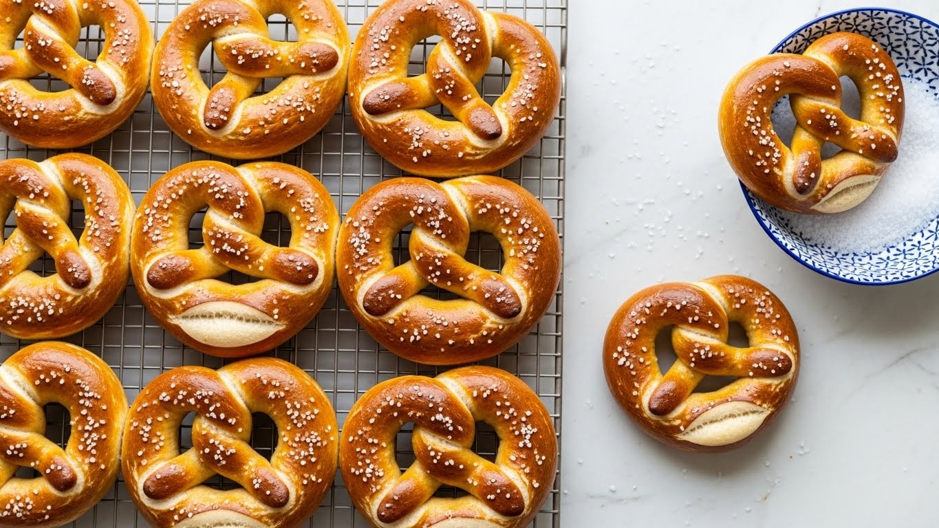 A white square dish filled with three shiny golden brown pretzels topped with coarse salt, showing their twisted shape and soft texture. The dish sits on a white marbled surface. In the foreground, there is a small white bowl with bright yellow mustard. In the background, there is a blurred blue and white bowl with salt and a white bowl with a spoon and a light yellow sauce, along with more pretzels scattered on the surface. The scene is bright and focused on the pretzels in the dish, showing their warm crust and sprinkled salt clearly photo taken with an iphone --ar 4:5 --v 7
