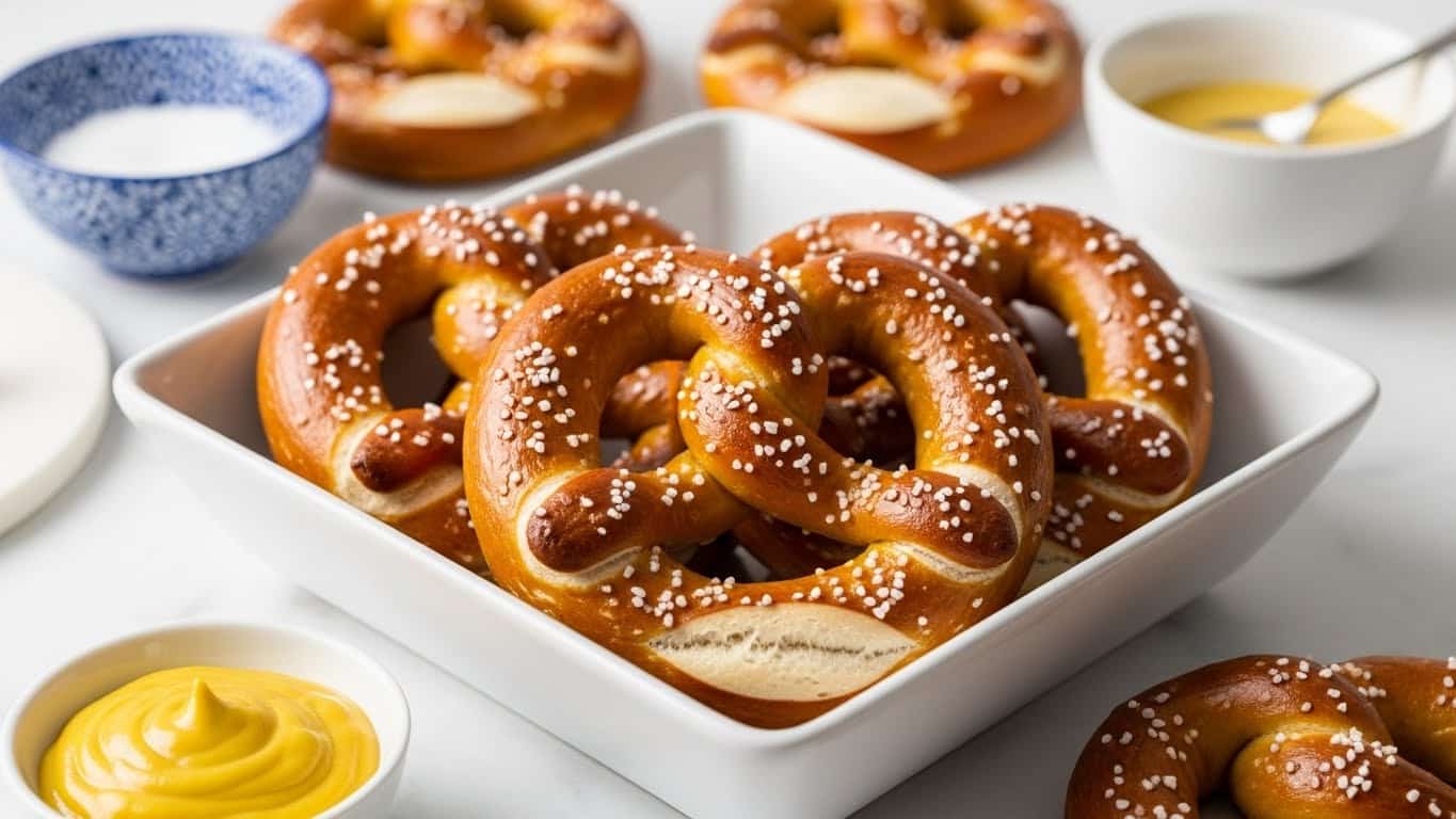 A group of warm, golden-brown pretzels with a shiny crust and coarse salt sprinkled on top are cooling on a metal wire rack, filling most of the space. The pretzels have smooth, twisted shapes with a soft, slightly puffed texture. To the right side, one twisted pretzel sticks out on its own near a round white bowl with a blue pattern, filled with coarse salt. The scene rests on a smooth, white marbled surface that shows some scattered salt grains around. photo taken with an iphone --ar 4:5 --v 7