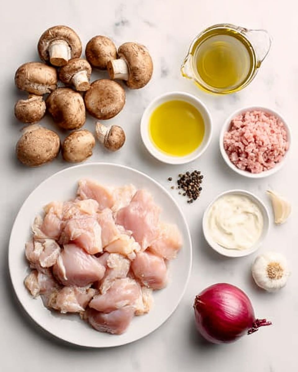 The image shows a white plate filled with raw, light pink chicken pieces placed on a white marbled surface. Next to the plate, there is a cluster of whole brown mushrooms. Surrounding these main items are small white bowls holding different ingredients: one has green olive oil, another has yellow oil, a third contains finely chopped pinkish pieces of chicken, and another is filled with white cream or yogurt. A whole red onion, two garlic cloves, and some black peppercorns are also arranged neatly on the white marbled surface. The setup is orderly and bright, highlighting the natural colors and textures of the ingredients. photo taken with an iphone --ar 4:5 --v 7