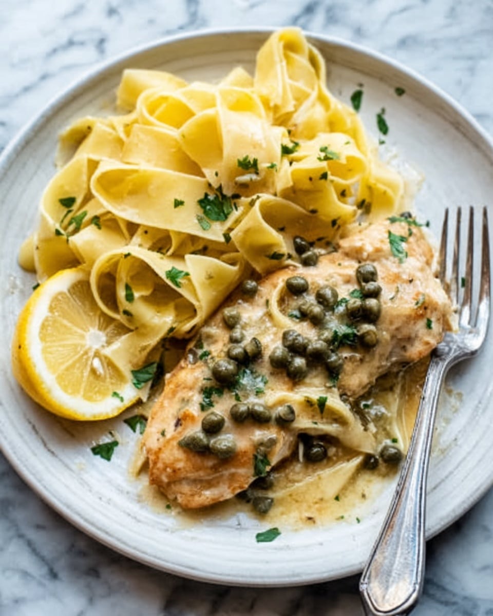 The image shows a white plate with two main parts: on the left, a pile of wide, flat pasta noodles that are a pale yellow color and look soft and smooth; on the right, a piece of cooked chicken covered with a creamy light tan sauce, topped with small green capers and chopped green herbs scattered around both the chicken and pasta. A quarter slice of yellow lemon rests on the plate near the pasta. A silver fork is placed at the front edge of the plate. The background is a white marbled surface. Photo taken with an iphone --ar 4:5 --v 7