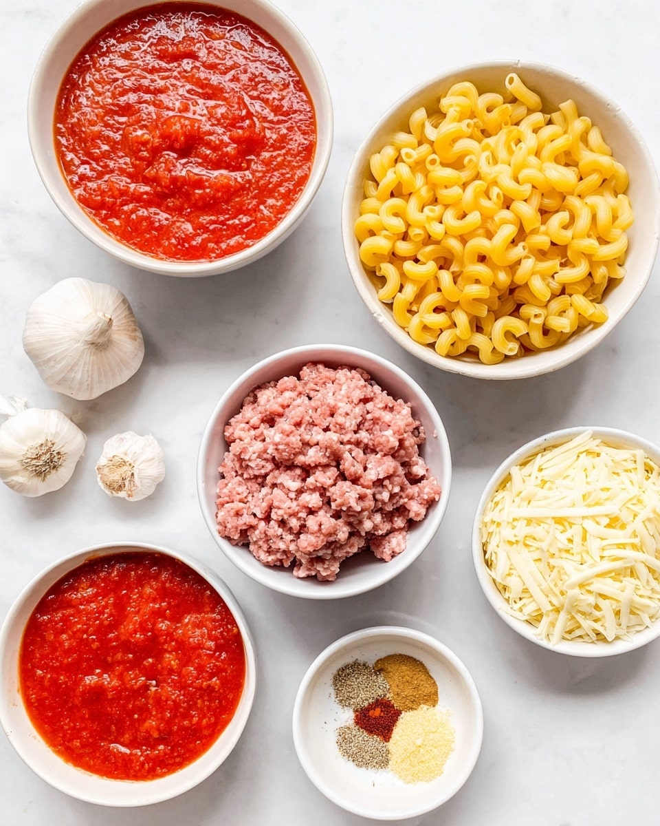 The image shows an arrangement of ingredients on a white marbled surface. There are five white bowls: one filled with bright red tomato sauce with a smooth texture, one with yellow elbow macaroni slightly curled, one with raw ground meat showing a rough, pink texture, one containing shredded white cheese with thin strands, and a small one holding mixed spices in shades of brown, red, and beige. Two whole garlic cloves rest near the bowls. The composition is neat, with each ingredient clearly visible and well-lit, creating a fresh and organized look. Photo taken with an iphone --ar 4:5 --v 7