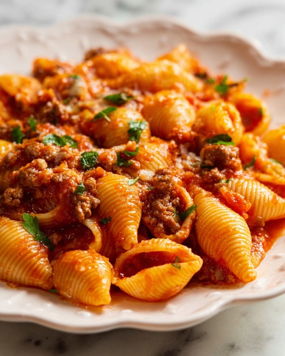 This image shows a close-up of a plate filled with shell pasta in a thick red tomato sauce mixed with ground meat and small pieces of green herbs scattered on top. The pasta shells are light orange and ribbed, coated in the sauce, with some pieces of tomato visible. The meat is brown and crumbly, spread evenly through the pasta. The green herbs add a fresh pop of color contrasting with the warm tones of the sauce and pasta. The food is served on a white plate with a softly scalloped edge, placed on a white marbled surface. photo taken with an iphone --ar 4:5 --v 7