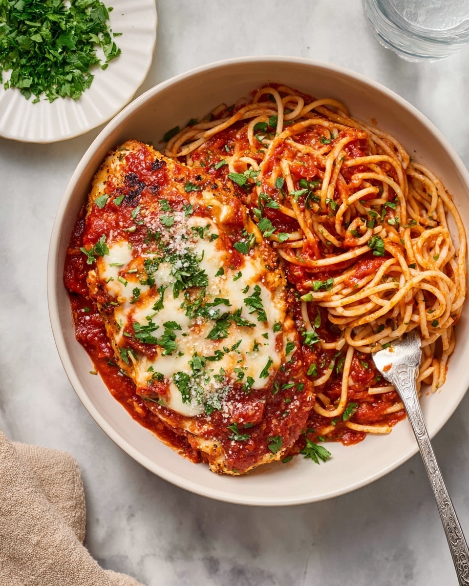 A white bowl filled with two main layers: on the left, a thick piece of chicken covered with a rich red tomato sauce topped with melted pale yellow cheese and small green parsley bits; on the right, a portion of spaghetti noodles coated in the same red tomato sauce, sprinkled with chopped green parsley, and a silver fork lying on the noodles. Around the bowl, there are small white dishes containing chopped green herbs, grated cheese with a piece of parmesan, and another with a white seasoning. A piece of torn bread and a clear glass of water rest on the white marbled surface beside the bowl. A beige cloth is partially visible at the bottom left. Photo taken with an iphone --ar 4:5 --v 7